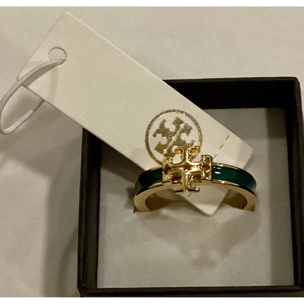 Tory Burch Kira Enamel Ring Gold Tone Hunter Green Logo Band size 8 - Picture 6 of 6